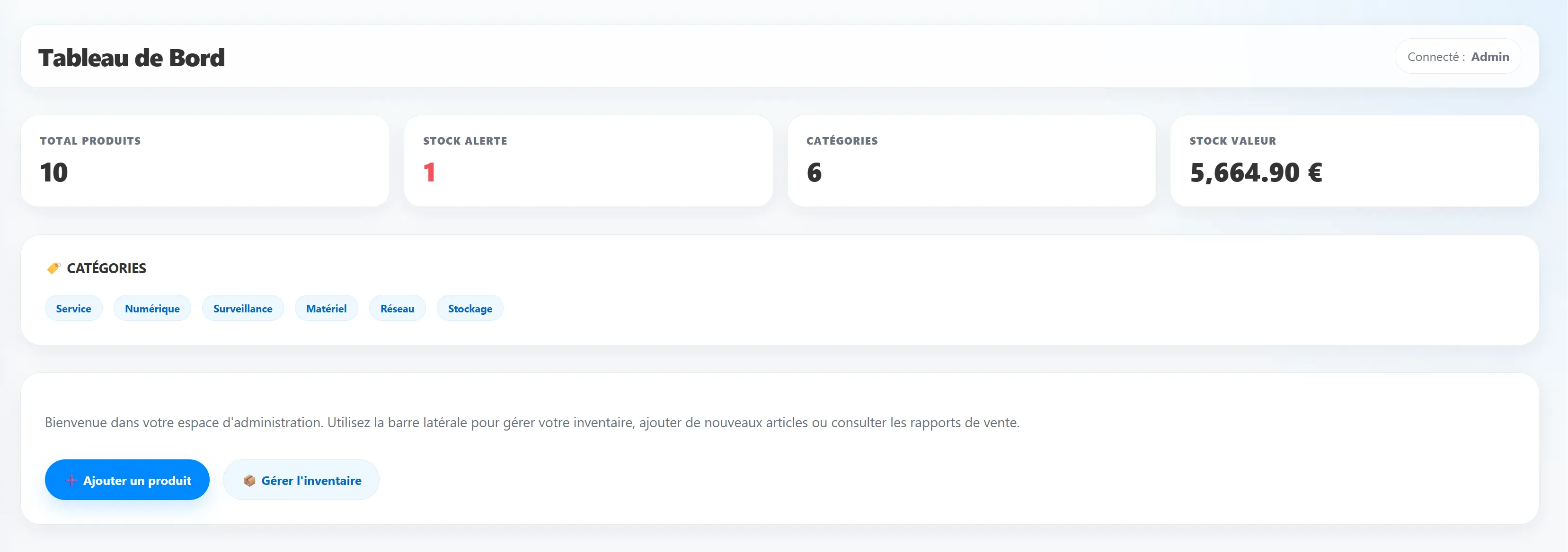 Dashboard du Back-office Storeo